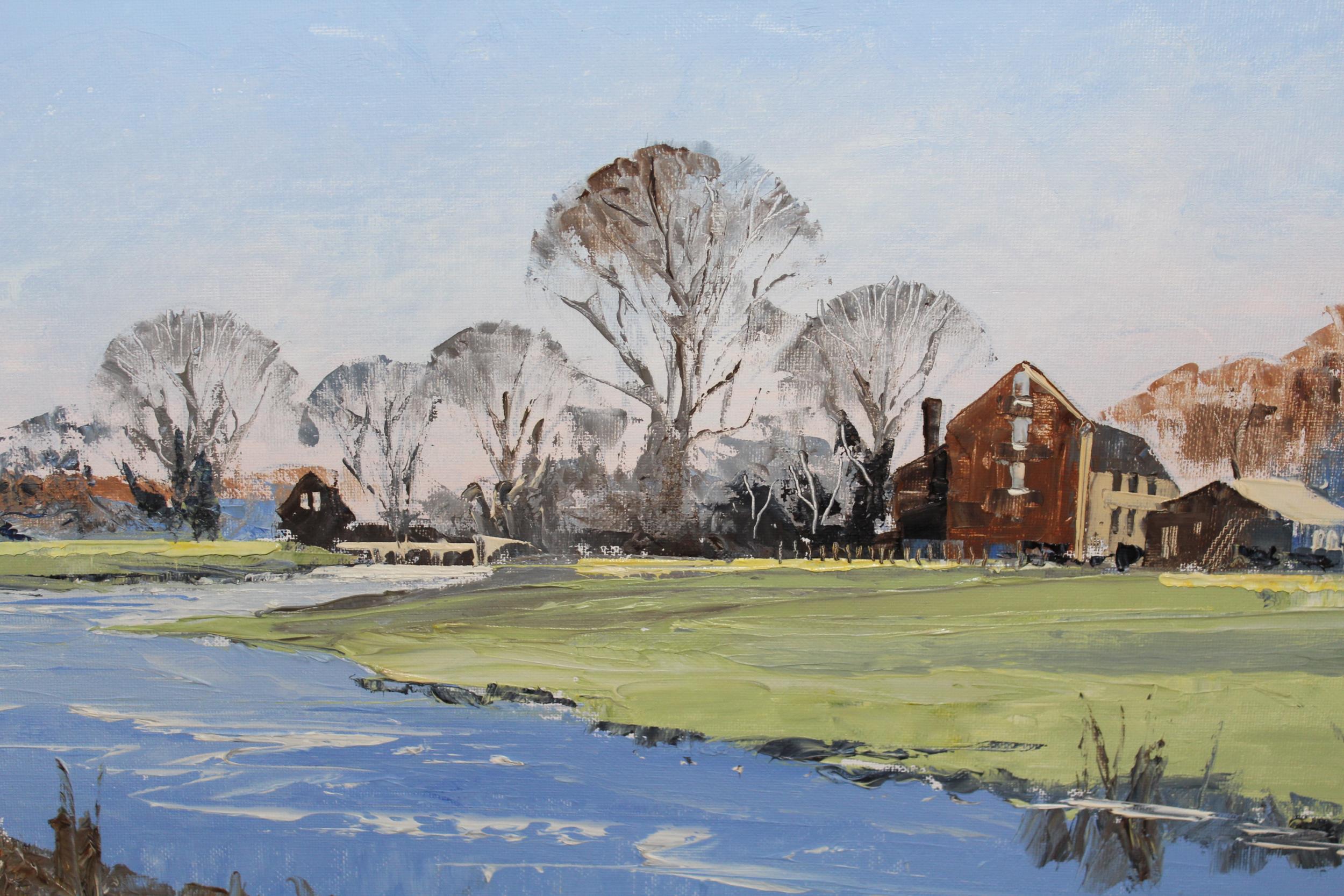 Modern oil on board, rural river scene, 30cms x 60cms together with a small oil on board, study of a