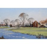 Modern oil on board, rural river scene, 30cms x 60cms together with a small oil on board, study of a