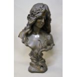 Reproduction bronzed composite bust of a girl in Art Nouveau style, ' Printemps ', 60cms high