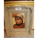 J. Benson, signed oil on panel, head study of a young lady, dated 1897, 14cms x 10cms