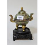 Chinese enamelled glass and gilt metal two handled covered bowl, on a carved hardwood stand, 14cms