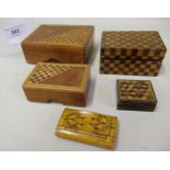 Miniature Tunbridge ware rectangular inlaid box, together with three other inlaid boxes, and a snuff