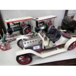 Mamod steam driven model motor car, two traction engines, one with trailer, model steam stationary