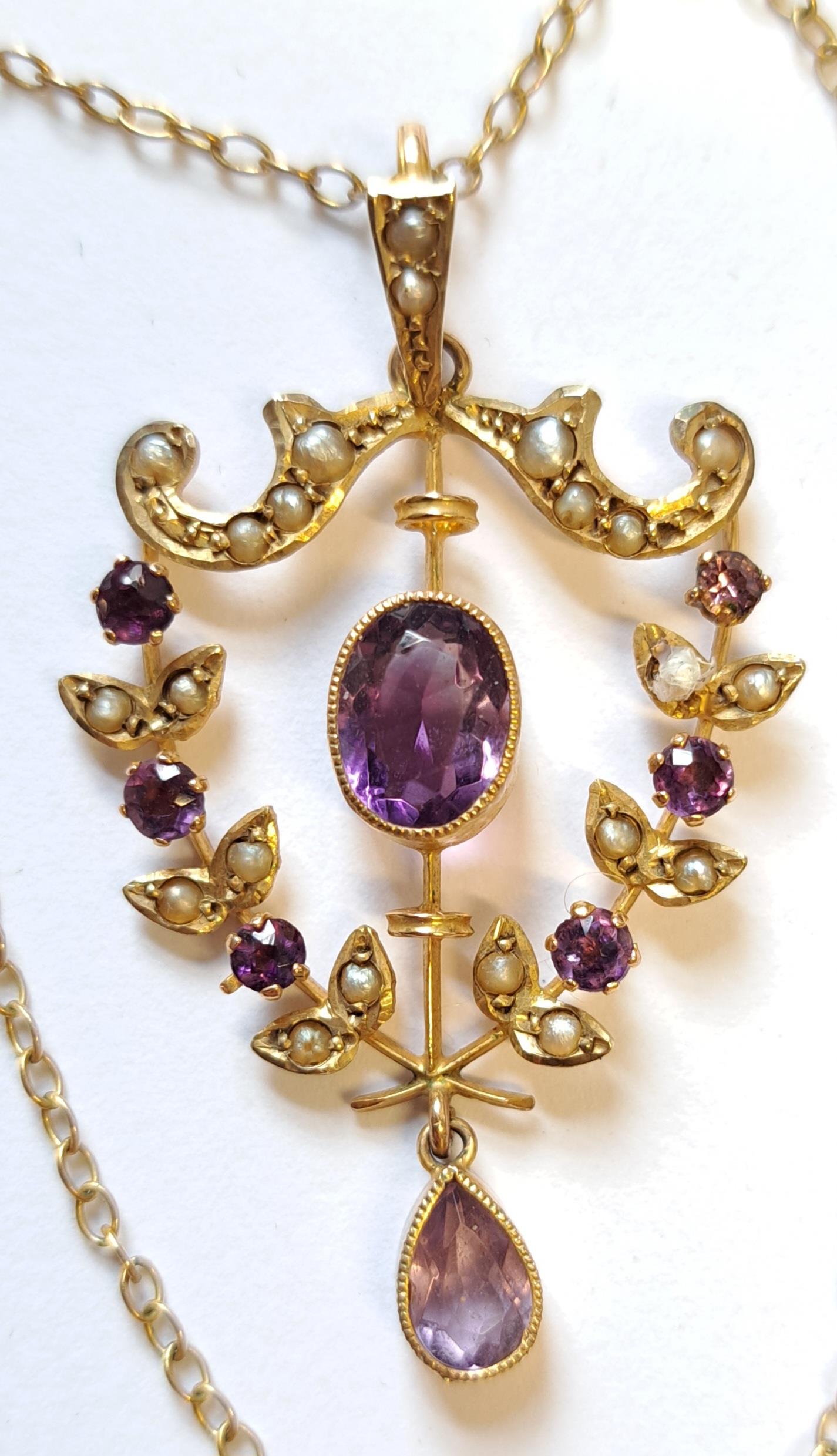 Edwardian 9ct gold amethyst and pearl set pendant on chain - Image 2 of 2