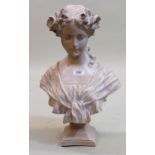Reproduction painted composition bust of a girl in Art Nouveau style, 48cms high