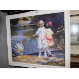 20th Century oil on board, children feeding a swan, 49cms x 60cms, framed, together with an oil on