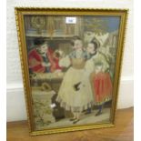 19th Century Berlin woolwork picture, figures in a street scene, 49cms x 36cms, gilt framed