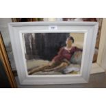 Two Bloomsbury Group style oils, lady reclining on a sofa, and head and shoulder portrait of a