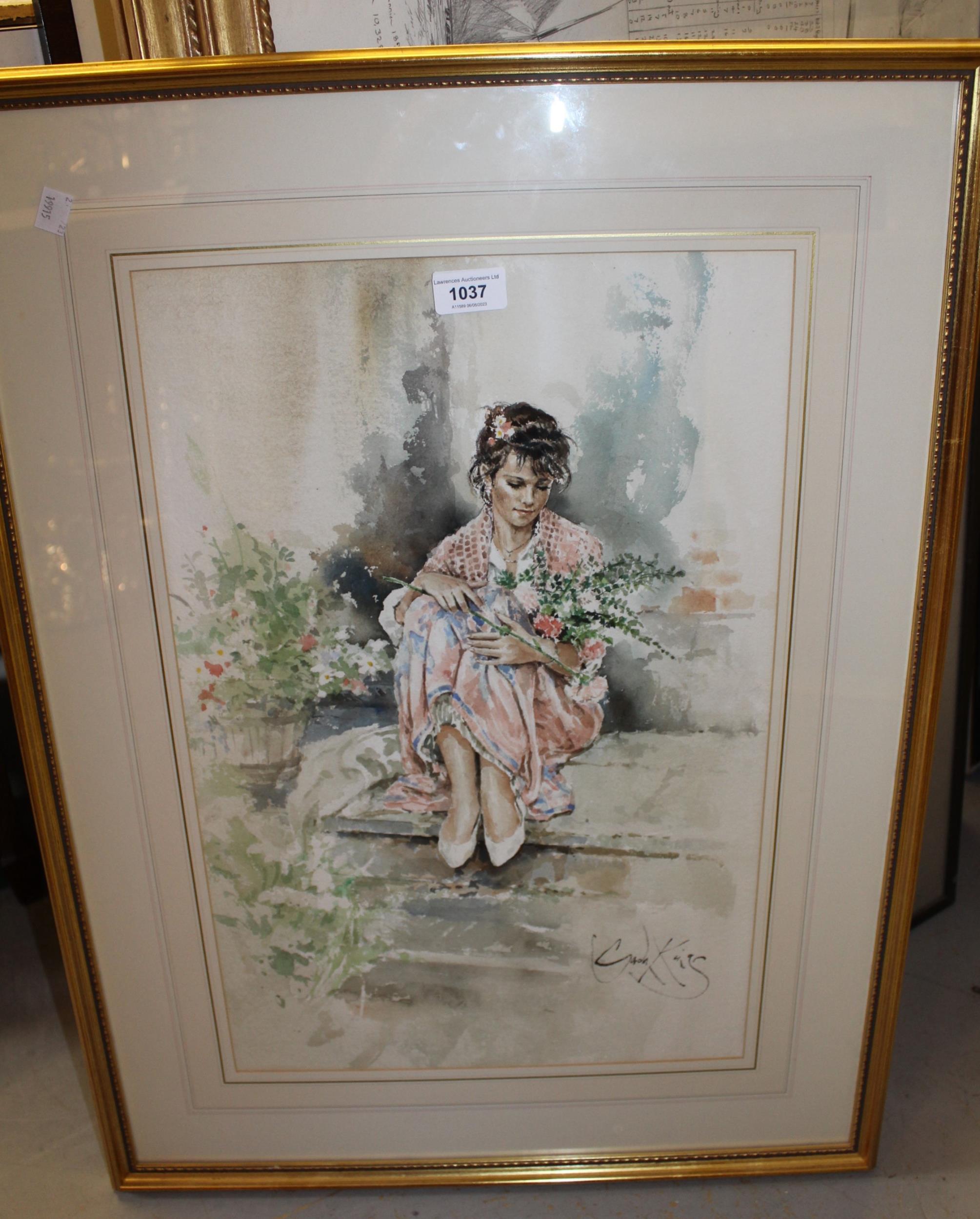 Gordon King, watercolour, seated girl with a bouquet of flowers, signed, 52cms x 35cms, gilt framed - Image 2 of 2