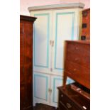 Large 19th Century and later blue painted floor standing corner cabinet, the moulded cornice above