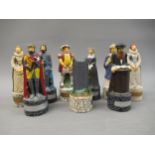 Group of nine Beneagles pottery whisky decanters, in the form of historical figures and a tower