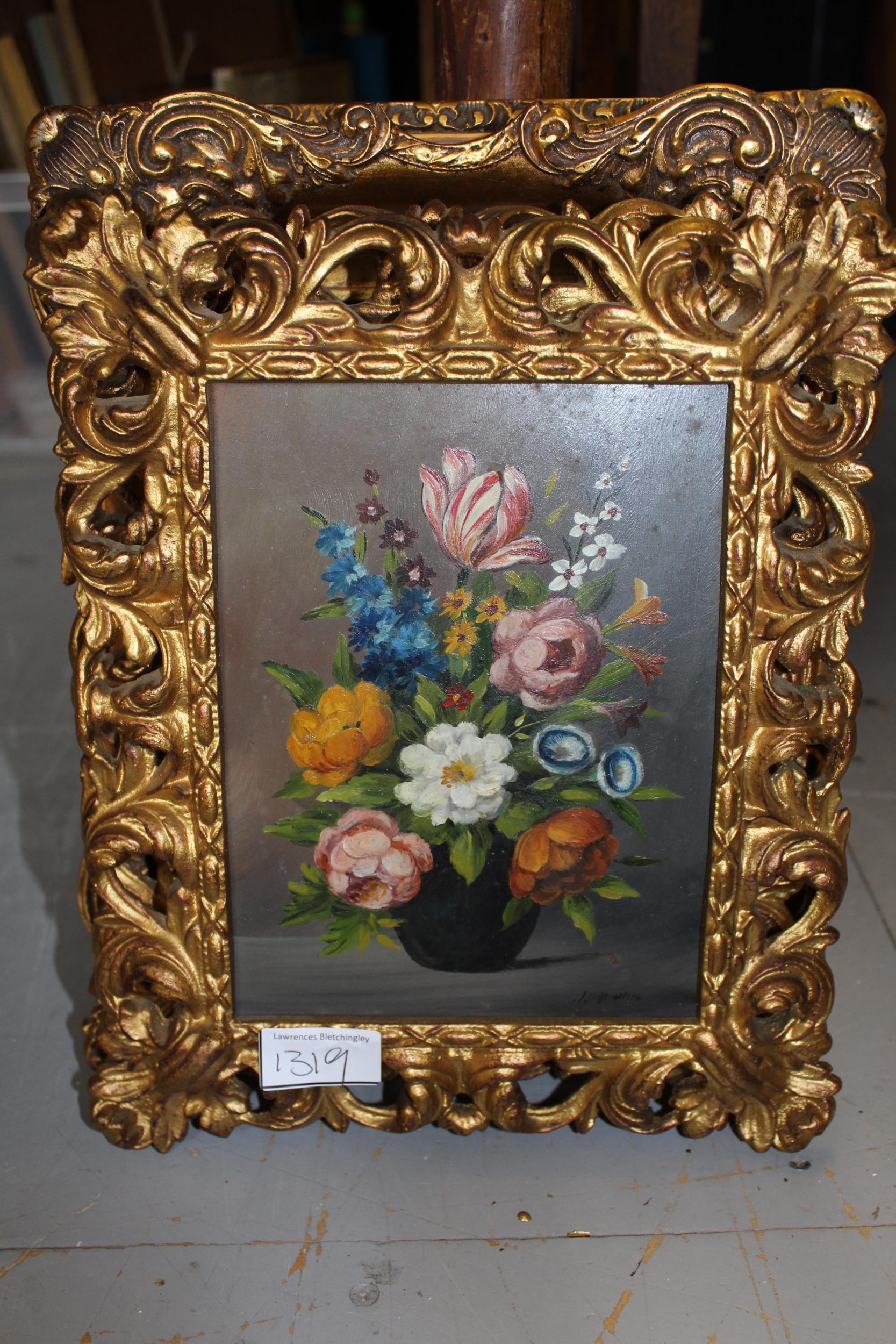 Pair of modern still life oils on panel, flowers in vases, in metal gilt frames - Image 2 of 2