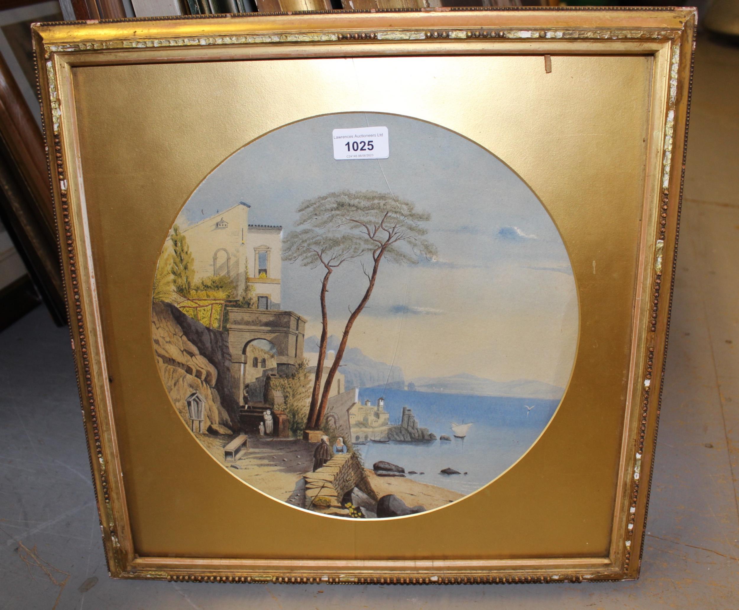 Italian school watercolour, coastal scene, circular 31cm diameter, gilt framed - Image 2 of 2