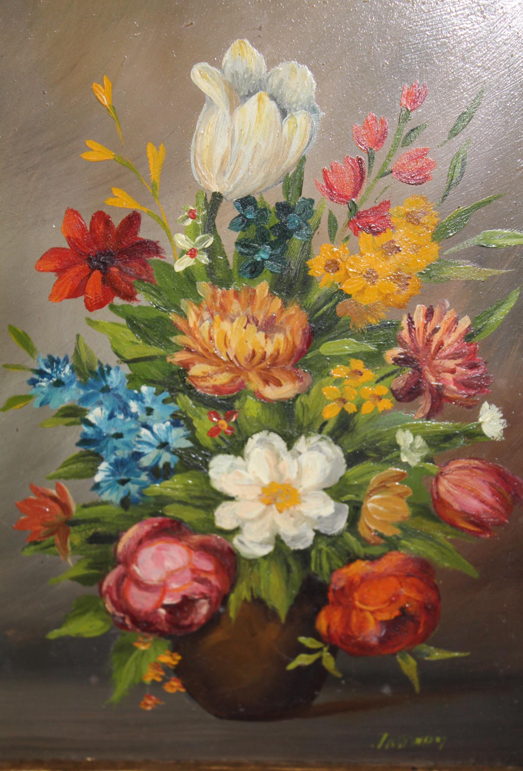 Pair of modern still life oils on panel, flowers in vases, in metal gilt frames