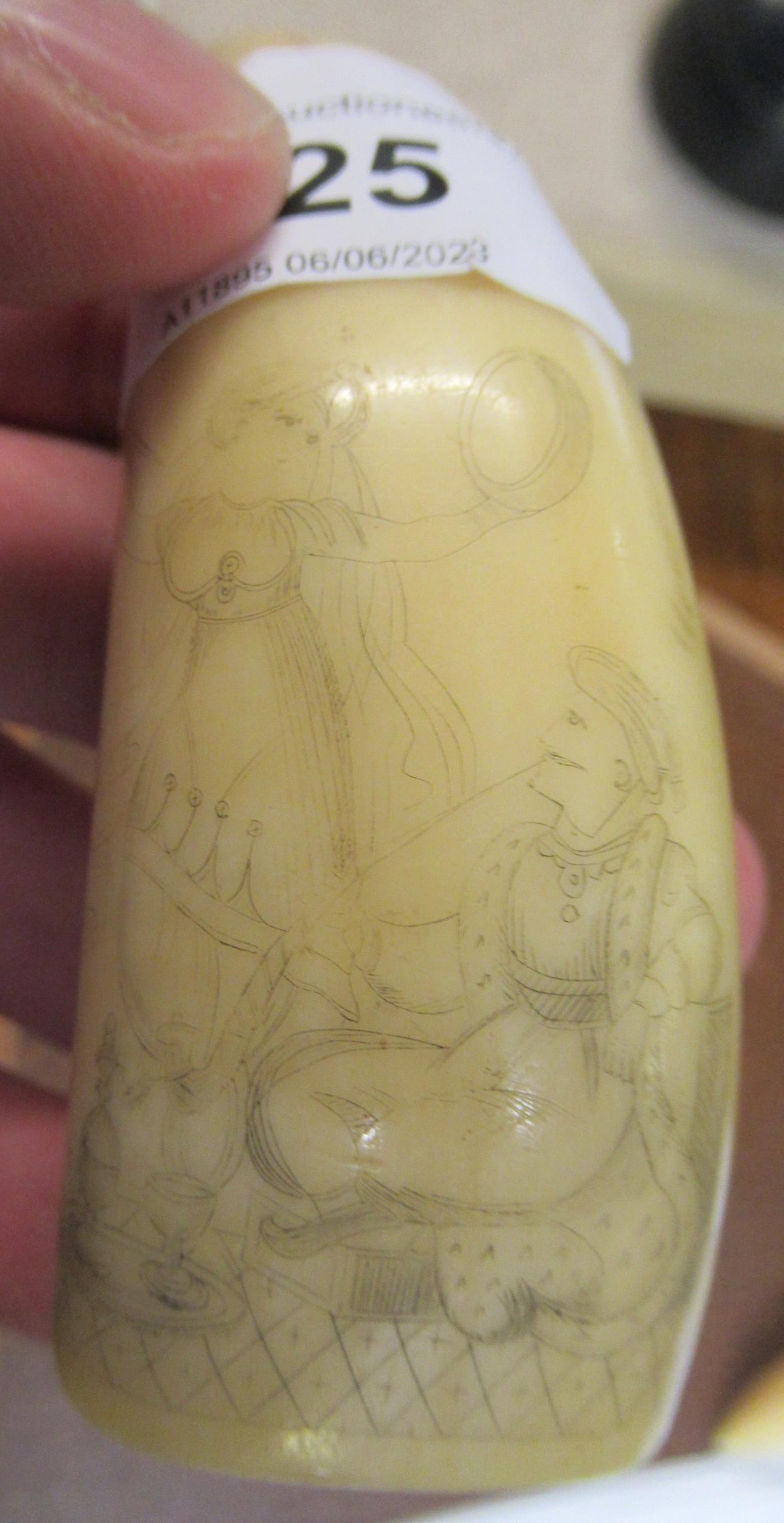 Small 19th Century whale's tooth scrimshaw decorated with a scene depicting an oriental dancer and - Image 8 of 11