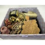 Box of miscellaneous items including carved soapstone and various dressing table items