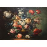 Oil on canvas, still life, vase of flowers in a swept gilt frame, unsigned, 29cms x 39cms