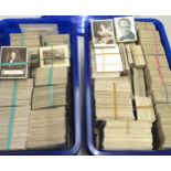Large quantity of non-standard size cigarette cards in two blue plastic boxes
