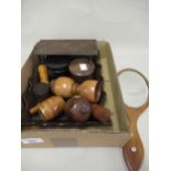 Small collection of miscellaneous Treenware including a small galleried tray, hand mirror, miniature