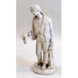 19th Century Italian carved white marble figure a beggar boy, on an integral oval plinth base,