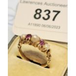 Small late 19th / early 20th Century yellow metal pink ruby and split pearl five stone ring, size I,