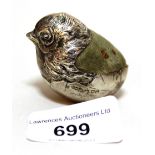 Chester silver pin cushion in the form of a chick emerging from an egg, RD No. 475678, 5cms long