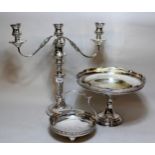 Silver plated three branch chandelier, circular silver plated pedestal comport, plated dish and a