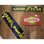 Group of three small enamel advertising signs for ' Goodyear ' and ' Castrol ', 49.5cms x 15.5cms,