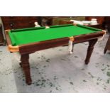 E. Riley Limited, mahogany quarter sized snooker diner dining table with four leaves, with cues