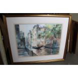 Wendy Gelbert, watercolour, Venice backwater canal scene with gondolas, signed, gilt framed, 36cms x