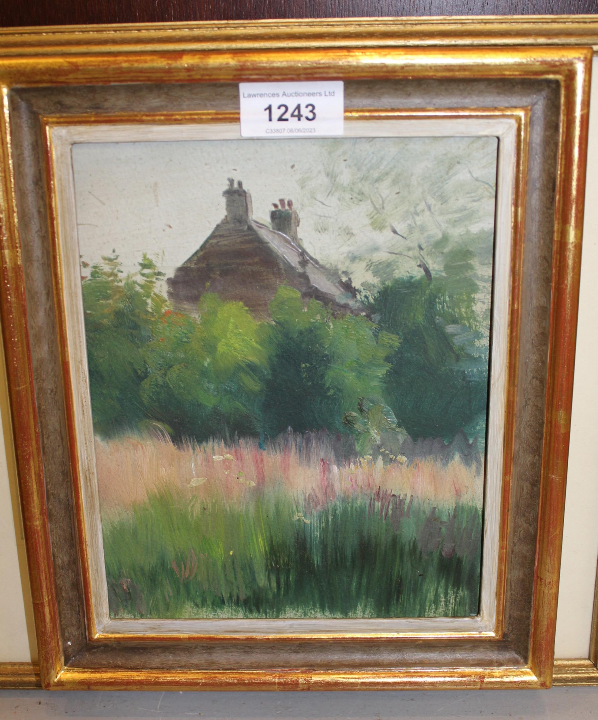 George Bruce, oil on panel, cottage in a landscape, unsigned, by direct decent from the artist,