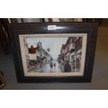 Roger Dellar, ( Wapping Group ), signed oil on board, figures in a street ( Guildford? ), 20cms x