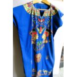 Long blue dress / tabard, gold painted and beaded with Egyptian motifs 132cms long from back of neck