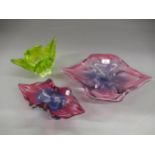 Heavy art glass dish in mauve/pink, similar smaller dish and another similar bowl in fluorescent