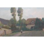 Early 20th Century French impressionist style oil on board, figure on a lane before cottages,