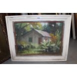 Oil on board, garden with shed, inscribed ' Jersey 44 ' verso, together with an unframed oil of a