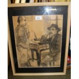 20th Century, pencil and crayon sketch, two gentleman in an interior, indistinctly signed, framed,
