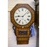 American walnut parquetry inlaid octagonal drop dial wall clock, the enamel dial with Roman numerals