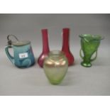 Four early 20th Century Austrian iridescent glass vases and an Art Nouveau pottery flagon with