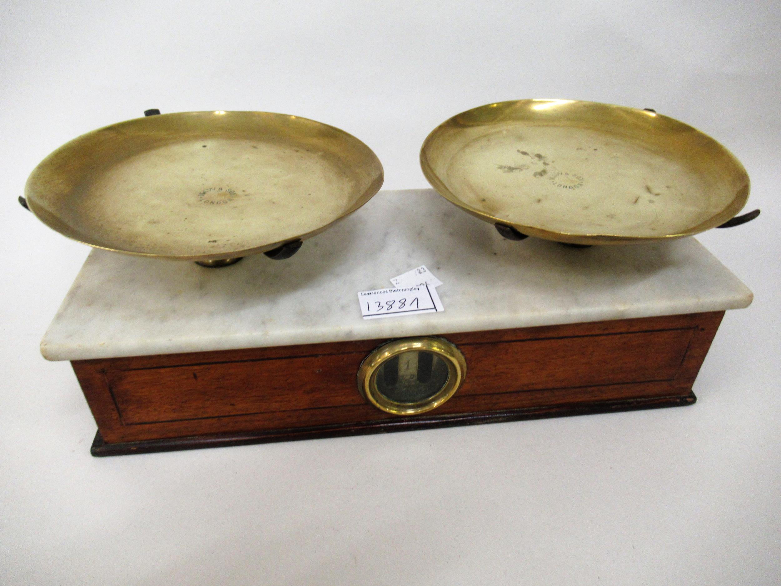 Pair of 19th Century mahogany brass and marble balance scales, the pans inscribed Maw & Son, London,