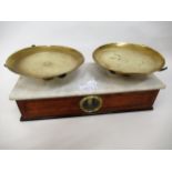 Pair of 19th Century mahogany brass and marble balance scales, the pans inscribed Maw & Son, London,