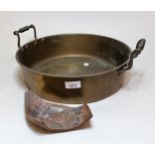 19th Century two handled preserve pan, together with an iron dish, stamped B.B. Sigtuna Sweden
