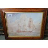 19th Century maplewood framed watercolour, study of three masted gun ship at sea, indistinctly