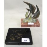 Small black lacquered chinoiserie decorated box with hinged cover enclosing a sectioned interior,