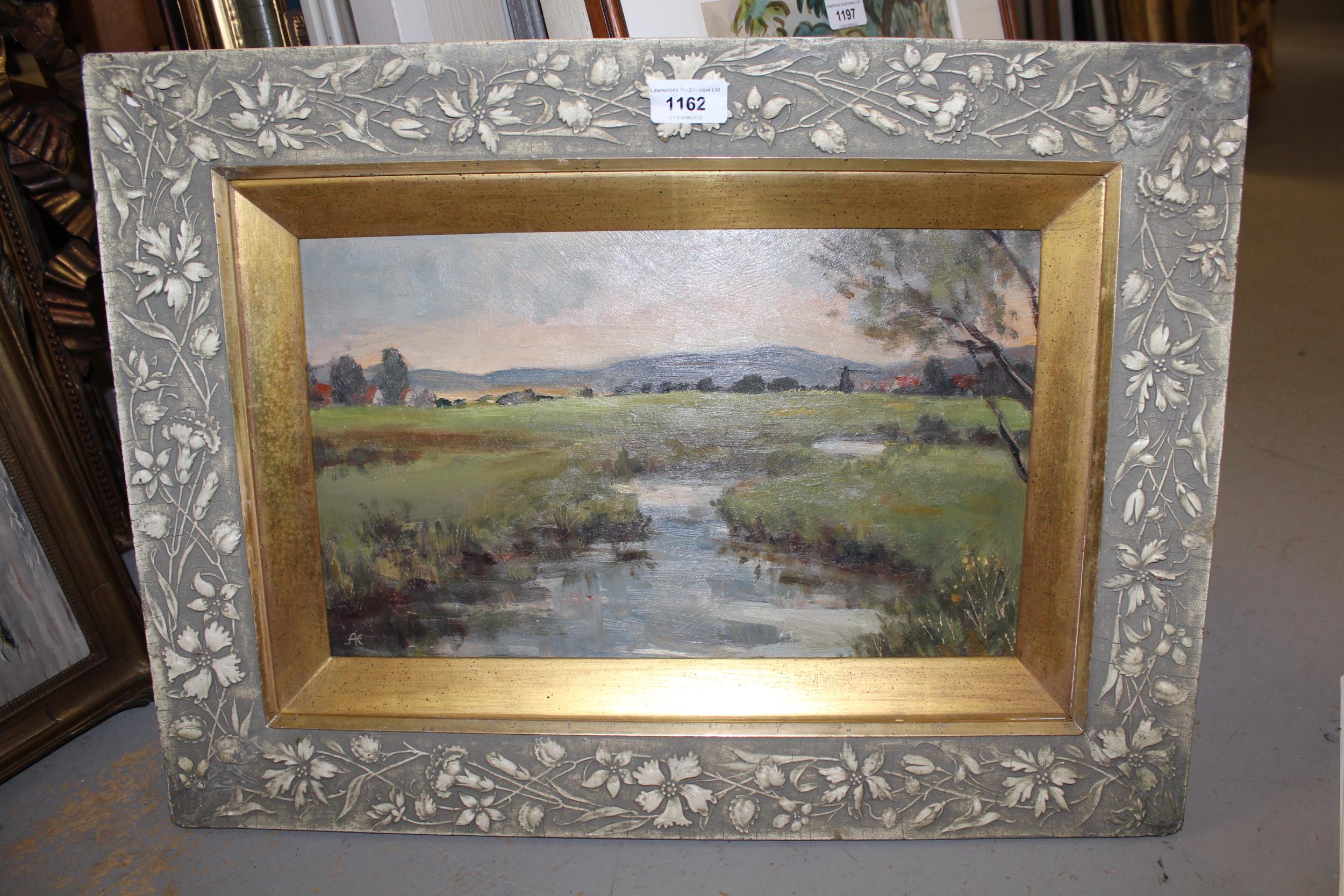 Oil on board, view across an open landscape with stream to foreground, bearing monogram, 24cms x