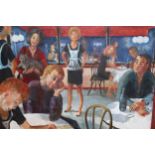 Late 20th Century oil on canvas, café scene with various figures, indistinctly signed, framed, 35cms