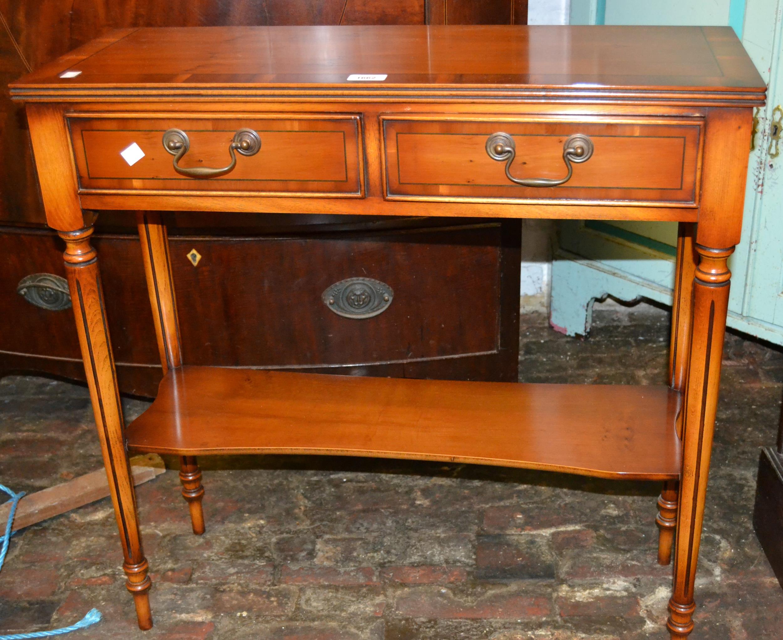 Reproduction yew wood two drawer side table and a similar side cabinet with four simulated drawers