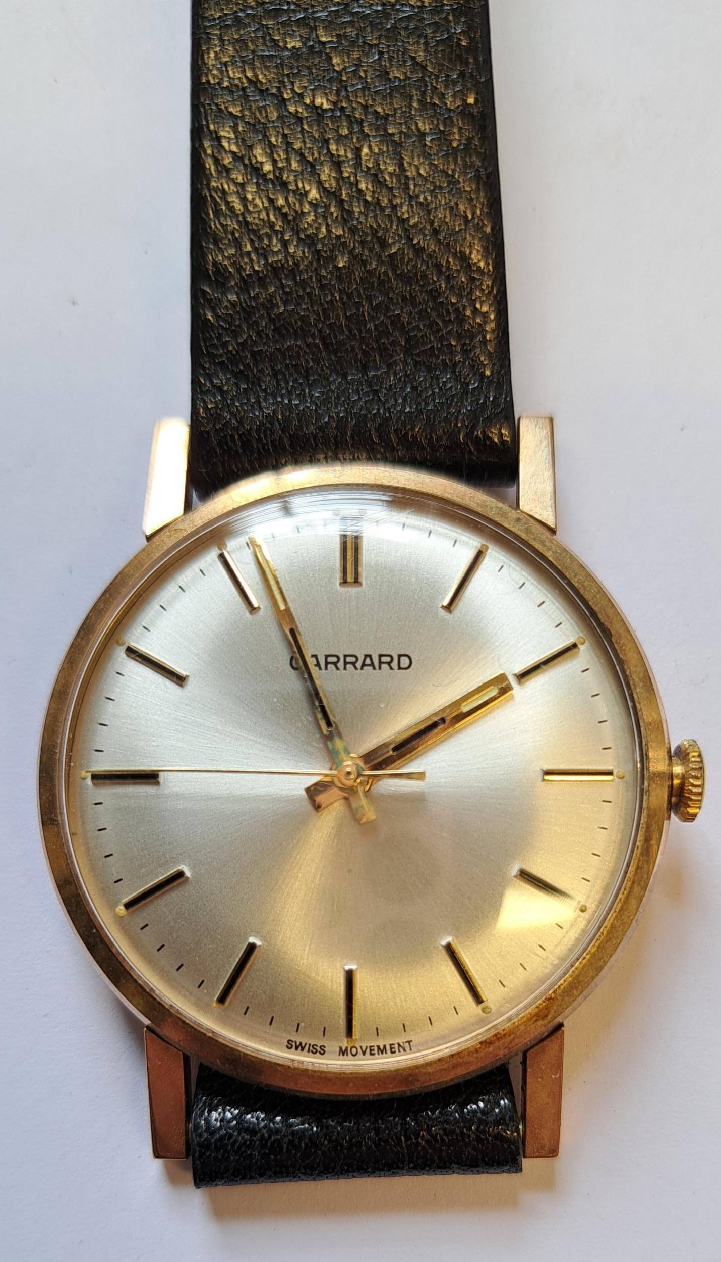 Garrard, gentleman's circular gold cased wristwatch with black leather strap, in original box - Image 2 of 3