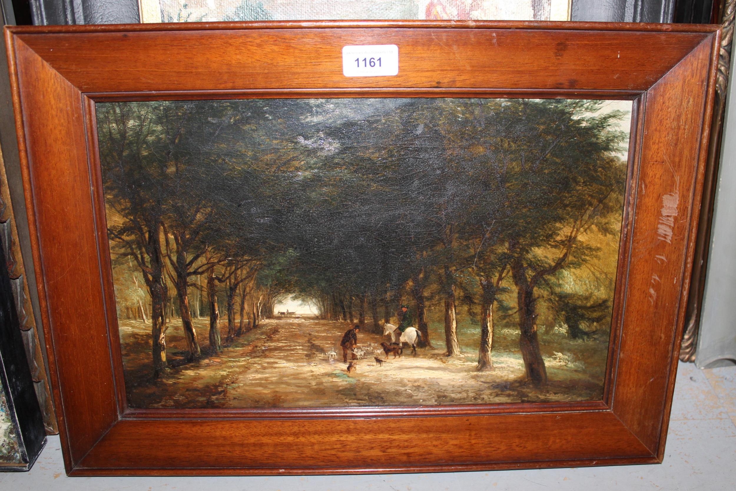 19th Century oil on canvas, park scene with figures, horse and dogs, 25cms x 40cms