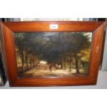 19th Century oil on canvas, park scene with figures, horse and dogs, 25cms x 40cms